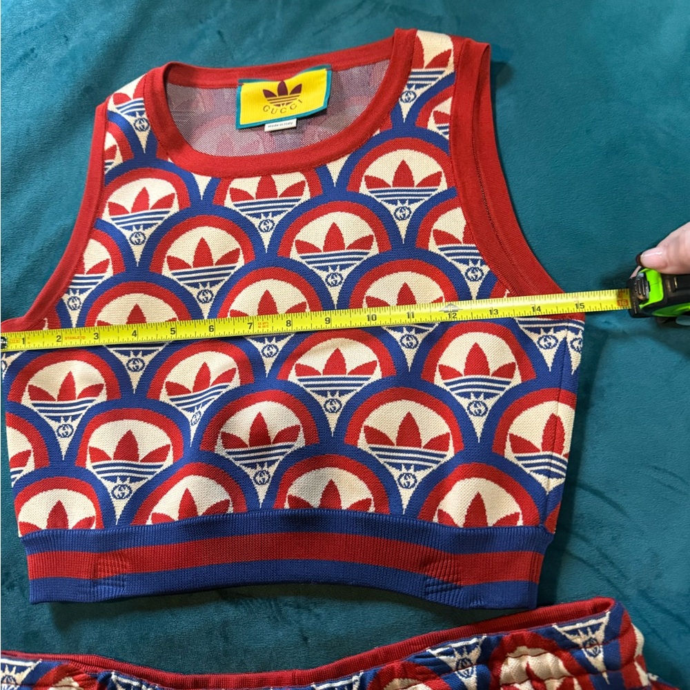 Gucci x Adidas Jacquard Red, Blue & White Patterned Crop Tank and Shorts Set - Picture 6 of 7